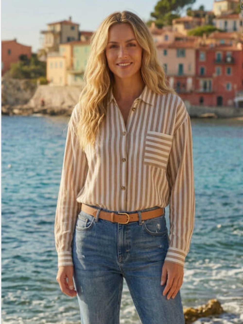 Yest Vertical Stripe Long Sleeve Button-Down Fine Knit Sweater Blouse Size US 14
